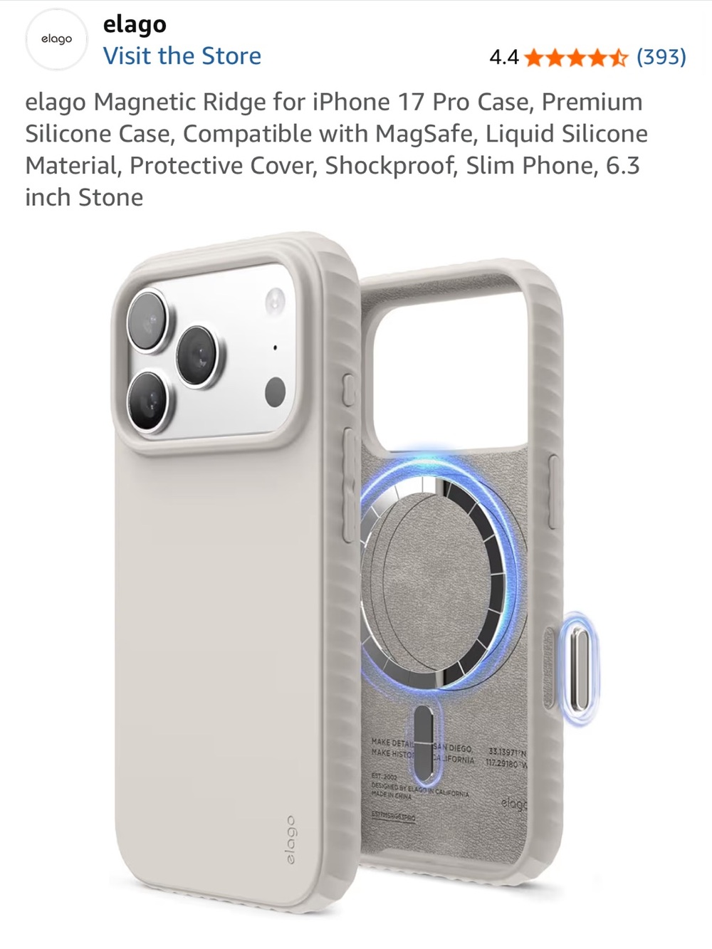 ELAGO iPhone 17 Pro Premium Silicone MagSafe Ridge Case - Stone